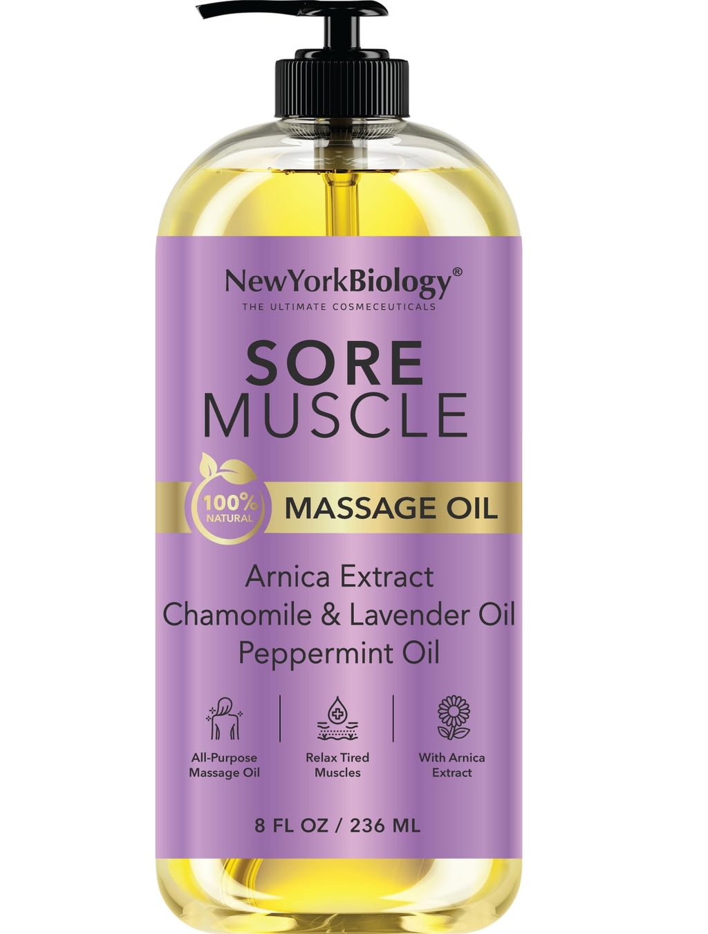 New York Biology Sore Muscle Massage Oil 8 Fl Oz – Made with 100% Natural Oils – Soothing Body Massage Oil - Absorbs Easily