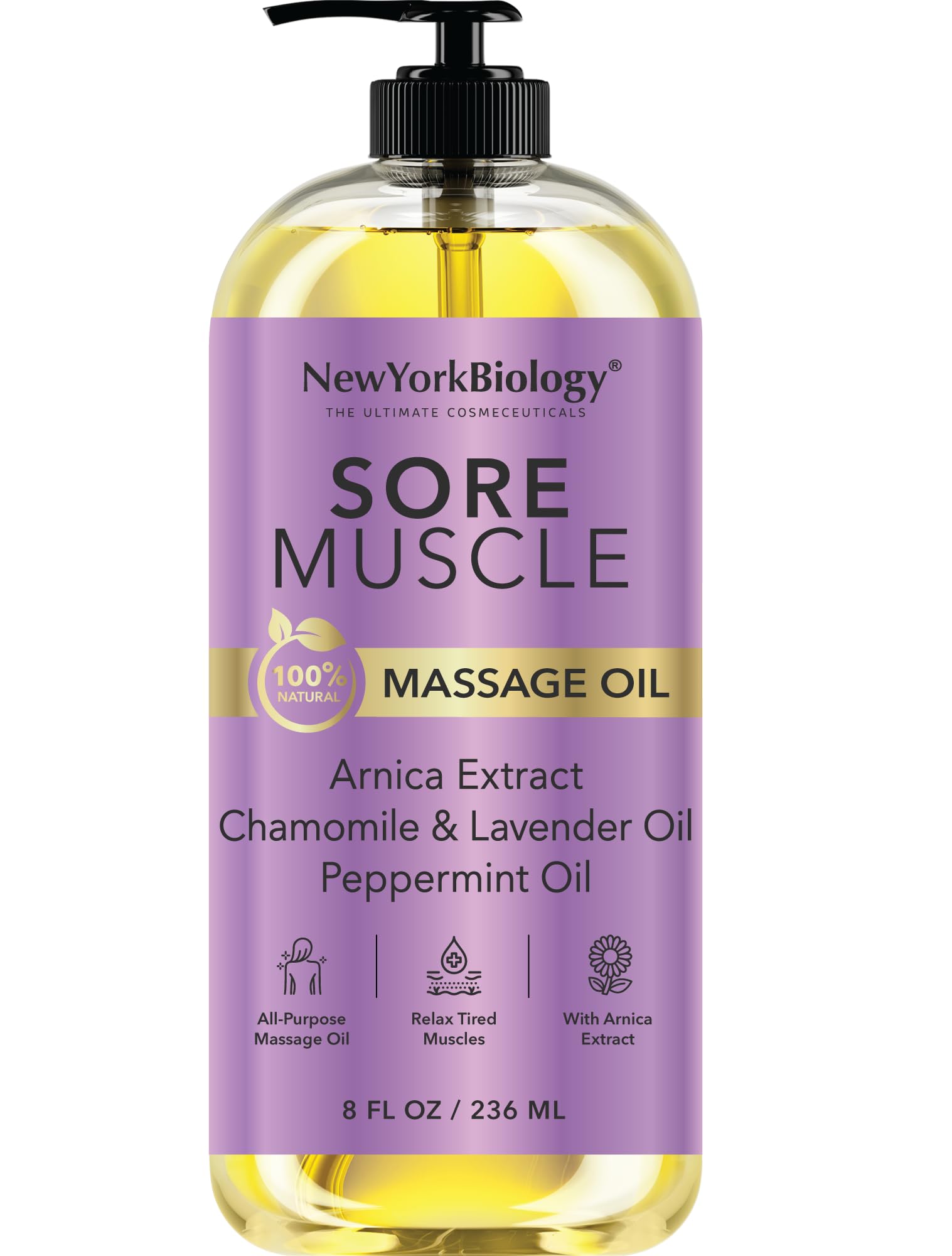 New York Biology Sore Muscle Massage Oil 8 Fl Oz – Made with 100% Natural Oils – Soothing Body Massage Oil - Absorbs Easily
