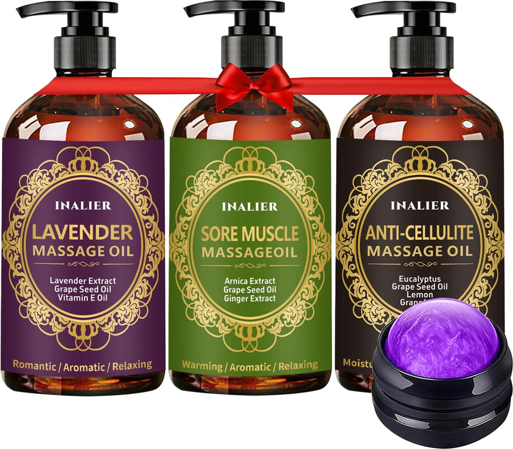 Valentines Day Gifts for Women Men,Massage Oil for Massage Therapy,3 Pack Cellulite,Sore Muscle & Lavender Massage Body Oil & Ginger Oil Lymphatic Drainage with Massage Ball,Galentines Gifts