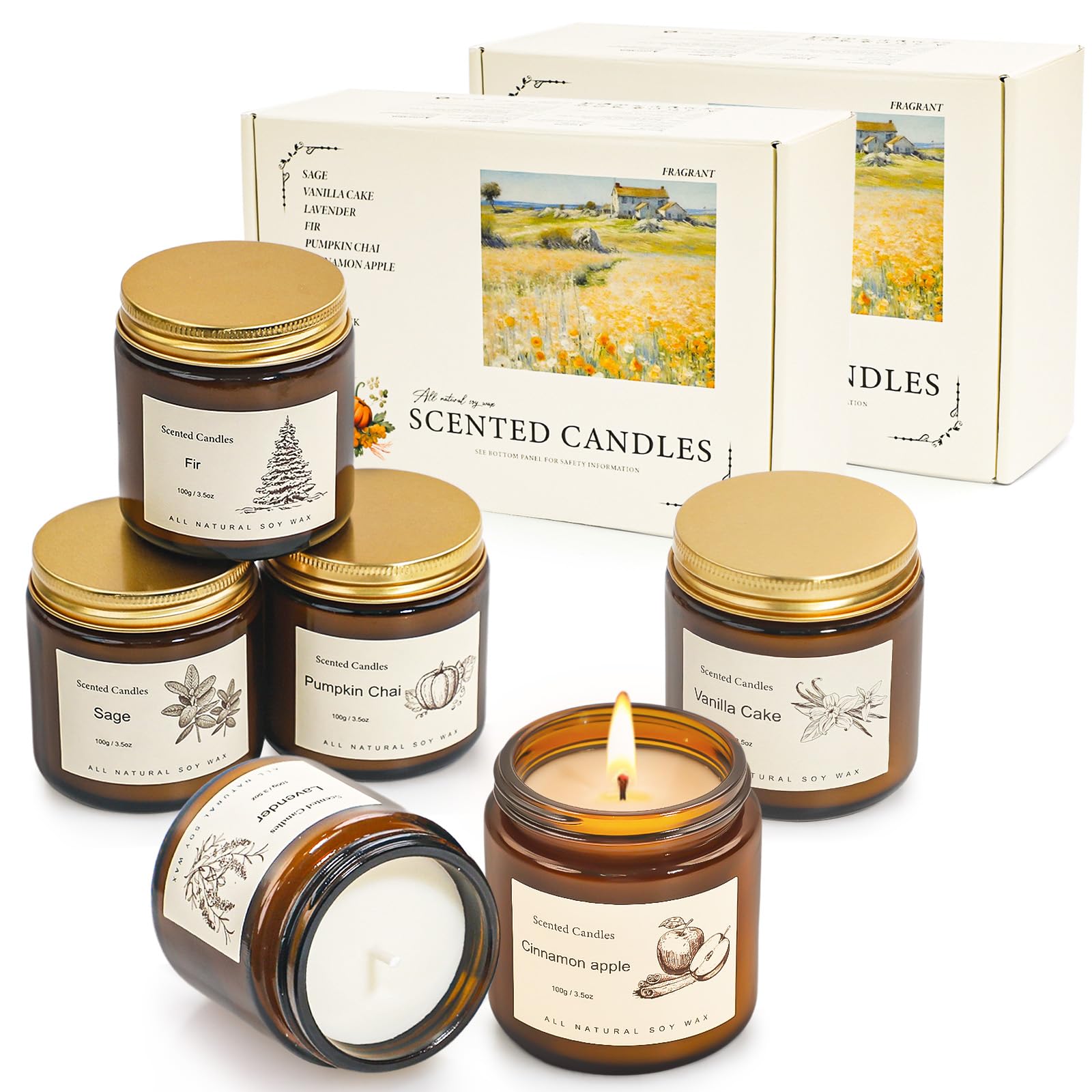 6 Pack Candles for Home Scented,Long Lasting Soy Candles for Home,Holiday Scented Candle Gift Set with Cinnamon Apple,Pumpkin Chai&Vanilla,Natural Aromatherapy Candles,Holiday Gifts for Women