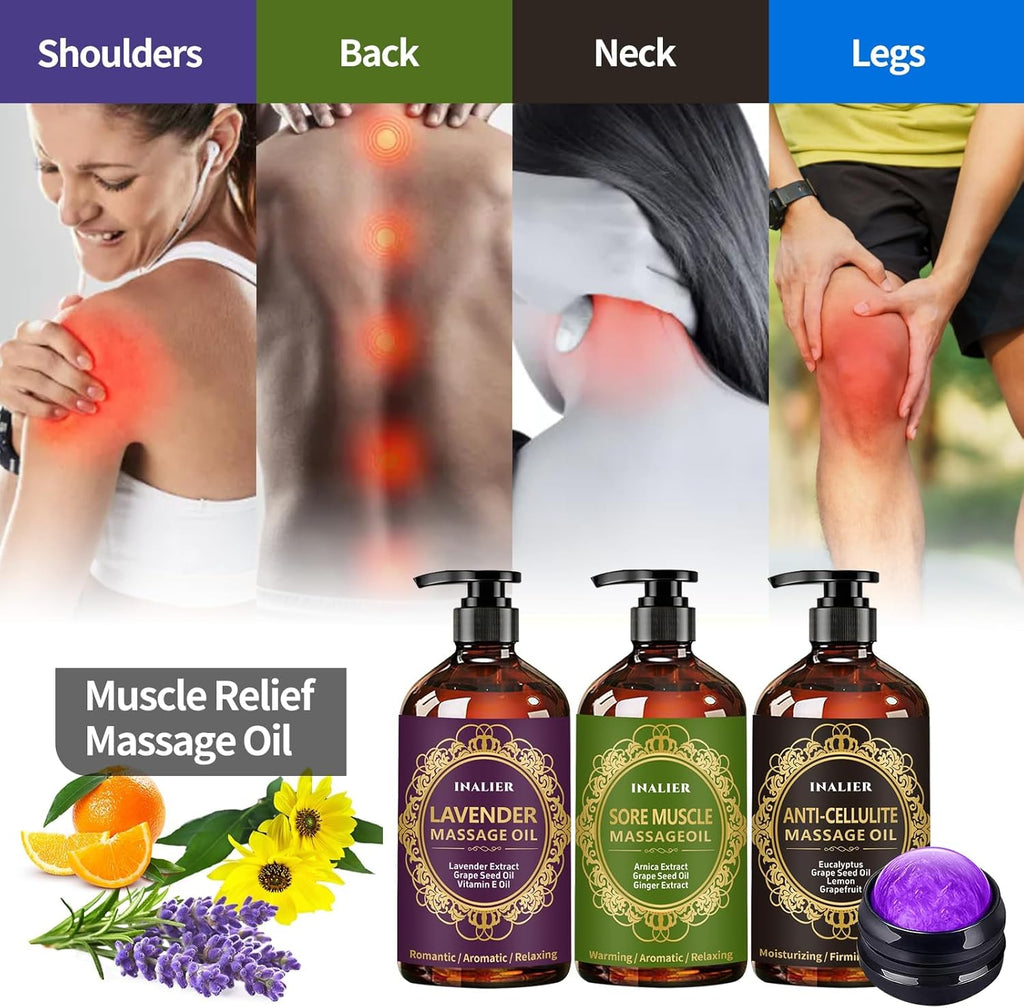 Valentines Day Gifts for Women Men,Massage Oil for Massage Therapy,3 Pack Cellulite,Sore Muscle & Lavender Massage Body Oil & Ginger Oil Lymphatic Drainage with Massage Ball,Galentines Gifts