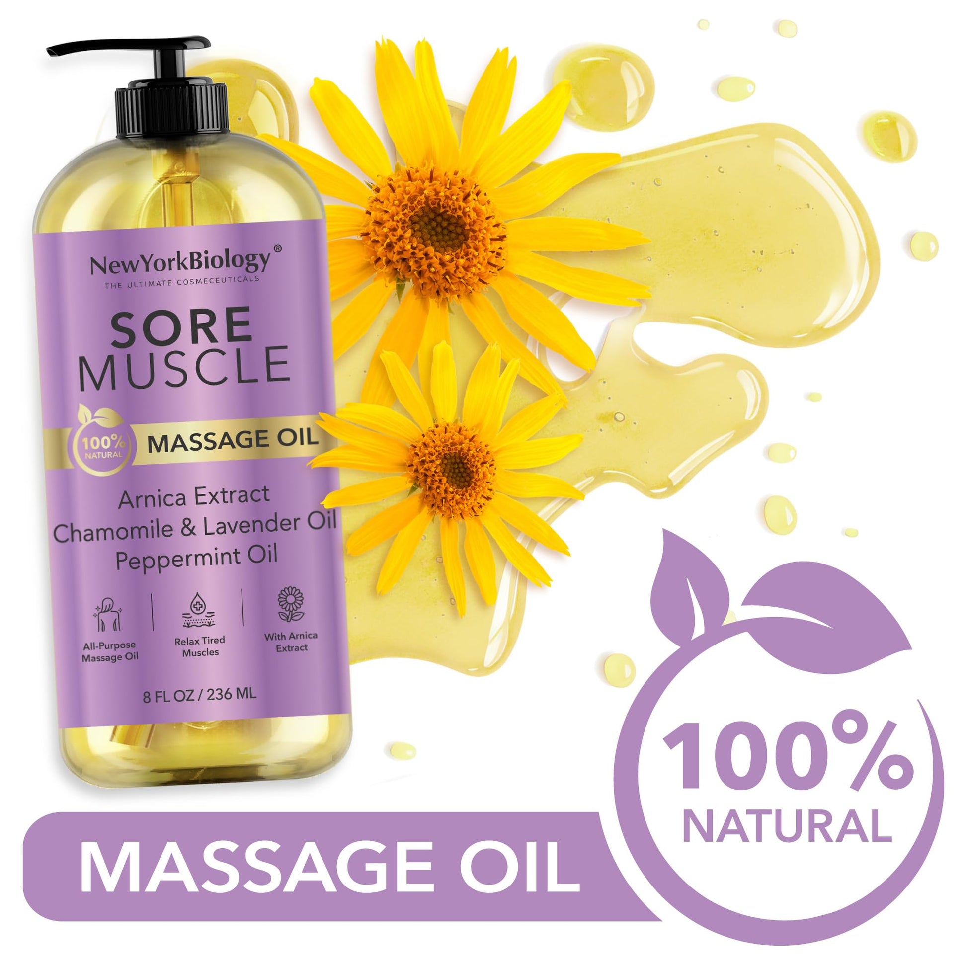 New York Biology Sore Muscle Massage Oil 8 Fl Oz – Made with 100% Natural Oils – Soothing Body Massage Oil - Absorbs Easily