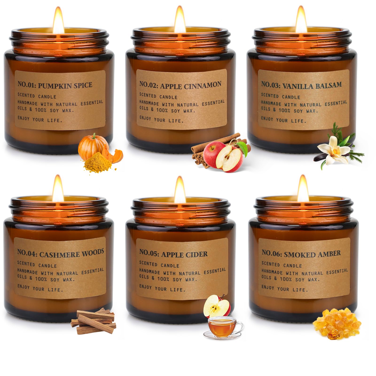 6 Pack Candles for Home Scented Aromatherapy Candle Gift Set for Women Soy Wax Long Lasting Amber Jar Candles Gift for Birthday Mother's Thanksgiving Day Present