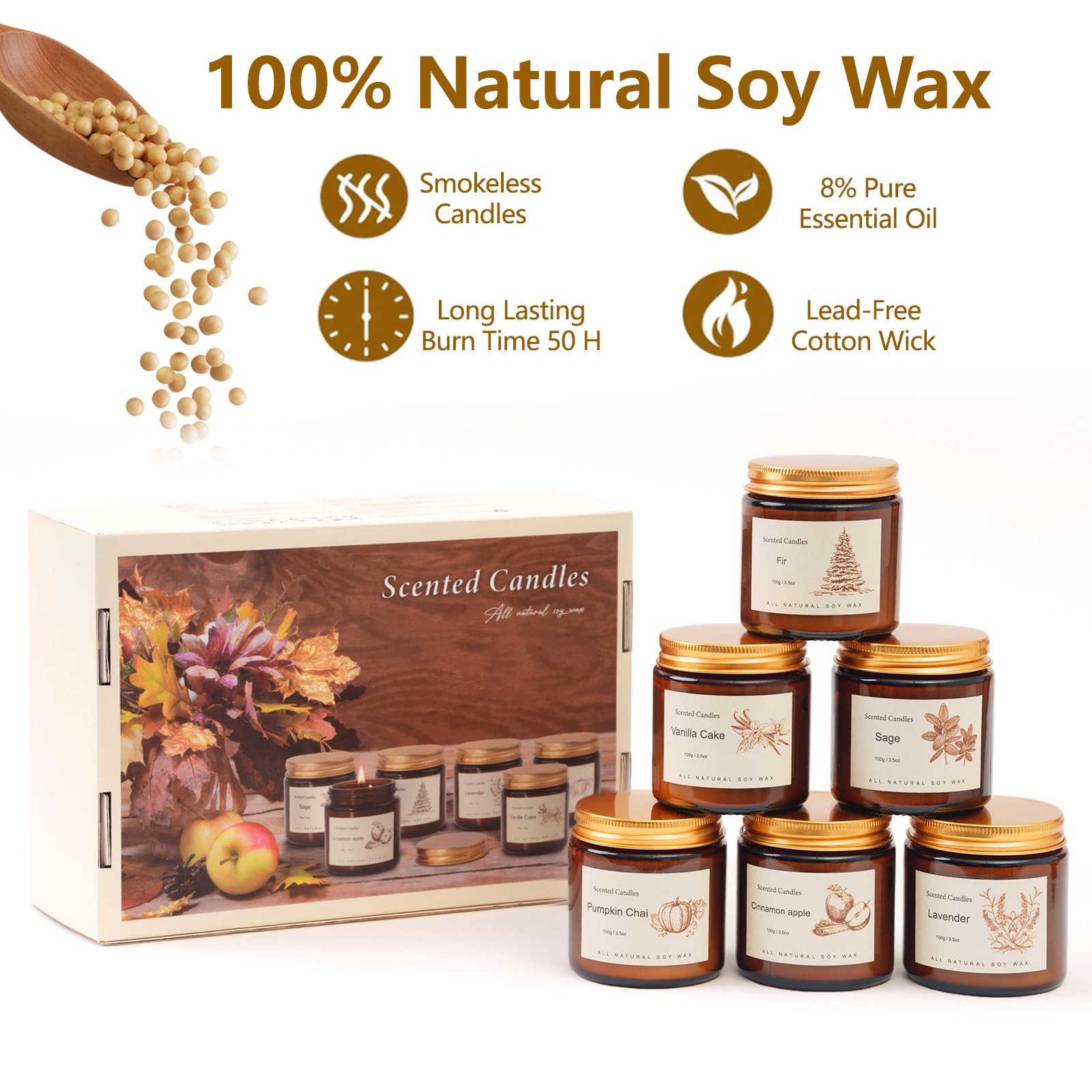 6 Pack Candles for Home Scented,Long Lasting Soy Candles for Home,Holiday Scented Candle Gift Set with Cinnamon Apple,Pumpkin Chai&Vanilla,Natural Aromatherapy Candles,Holiday Gifts for Women