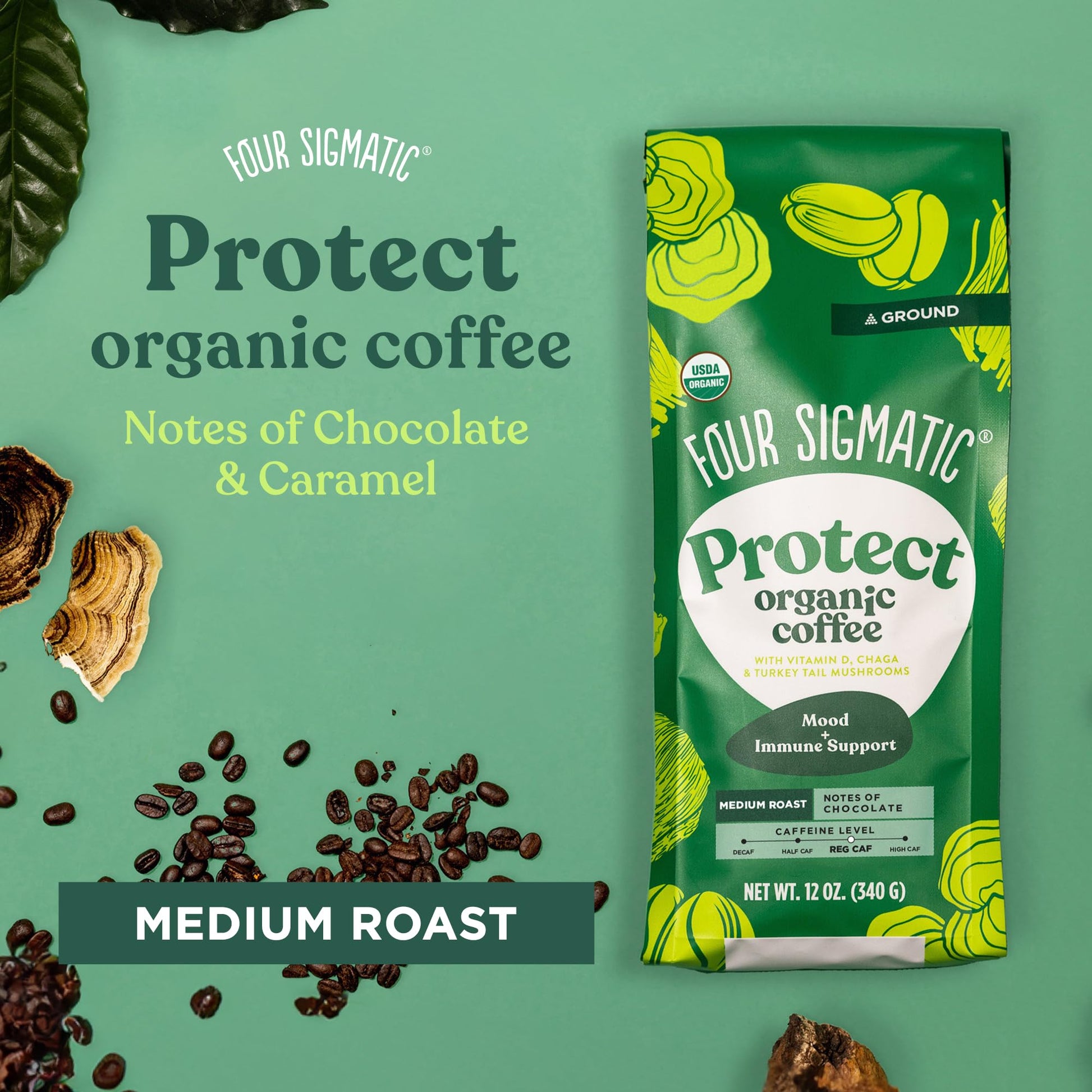 Four Sigmatic Focus Mushroom Coffee | Organic Ground Coffee with Lion's Mane Mushroom and Chaga for Better Focus and Immune Support | 12oz Bag