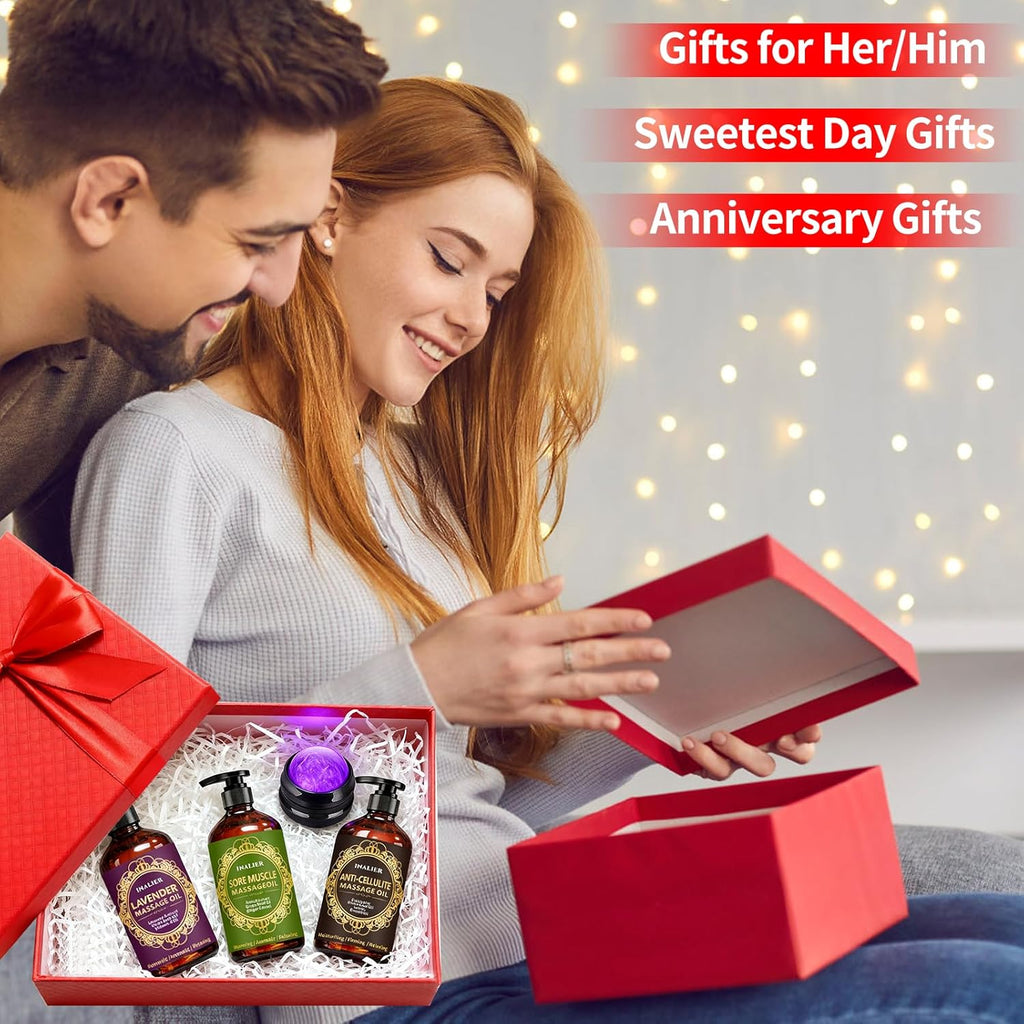 Valentines Day Gifts for Women Men,Massage Oil for Massage Therapy,3 Pack Cellulite,Sore Muscle & Lavender Massage Body Oil & Ginger Oil Lymphatic Drainage with Massage Ball,Galentines Gifts