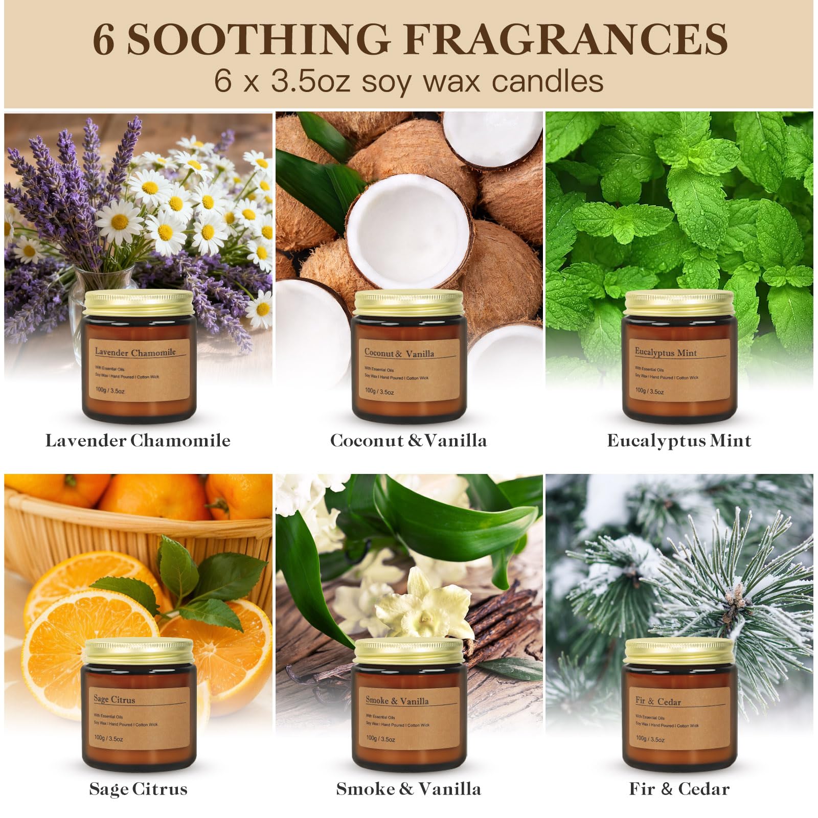 6 Pack Candles for Home Scented Aromatherapy Candle Gift Set for Women Soy Wax Long Lasting Amber Jar Candles Gift for Birthday Mother's Thanksgiving Day Present