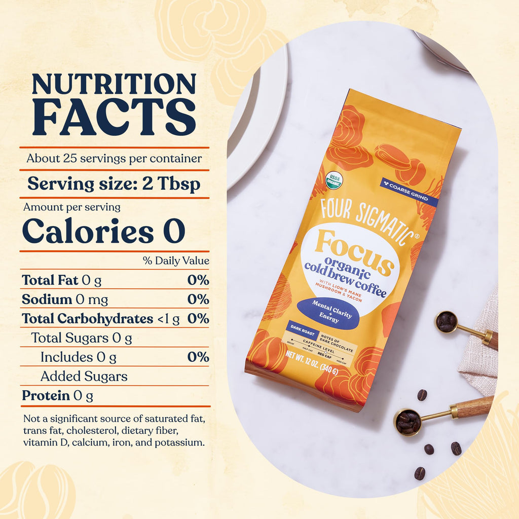 Four Sigmatic Focus Mushroom Coffee | Organic Ground Coffee with Lion's Mane Mushroom and Chaga for Better Focus and Immune Support | 12oz Bag