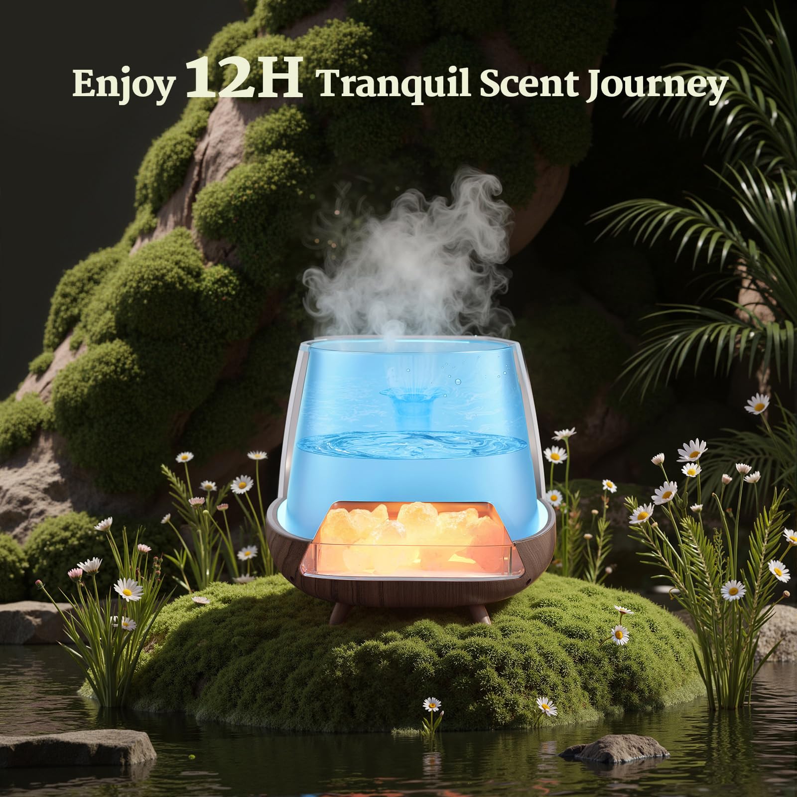 Essential Oil Diffuser for Home: 200ml Aromatherapy Diffuser with Himalayan Pink Salt Rock, Cool Mist Humidifier with Auto Off Function and 9 Colors LED Night Light for Bedroom