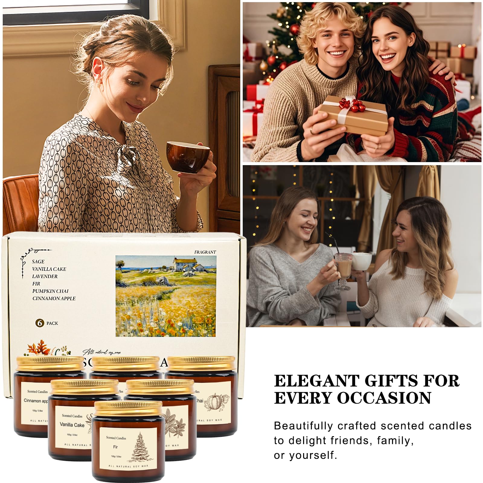 6 Pack Candles for Home Scented,Long Lasting Soy Candles for Home,Holiday Scented Candle Gift Set with Cinnamon Apple,Pumpkin Chai&Vanilla,Natural Aromatherapy Candles,Holiday Gifts for Women