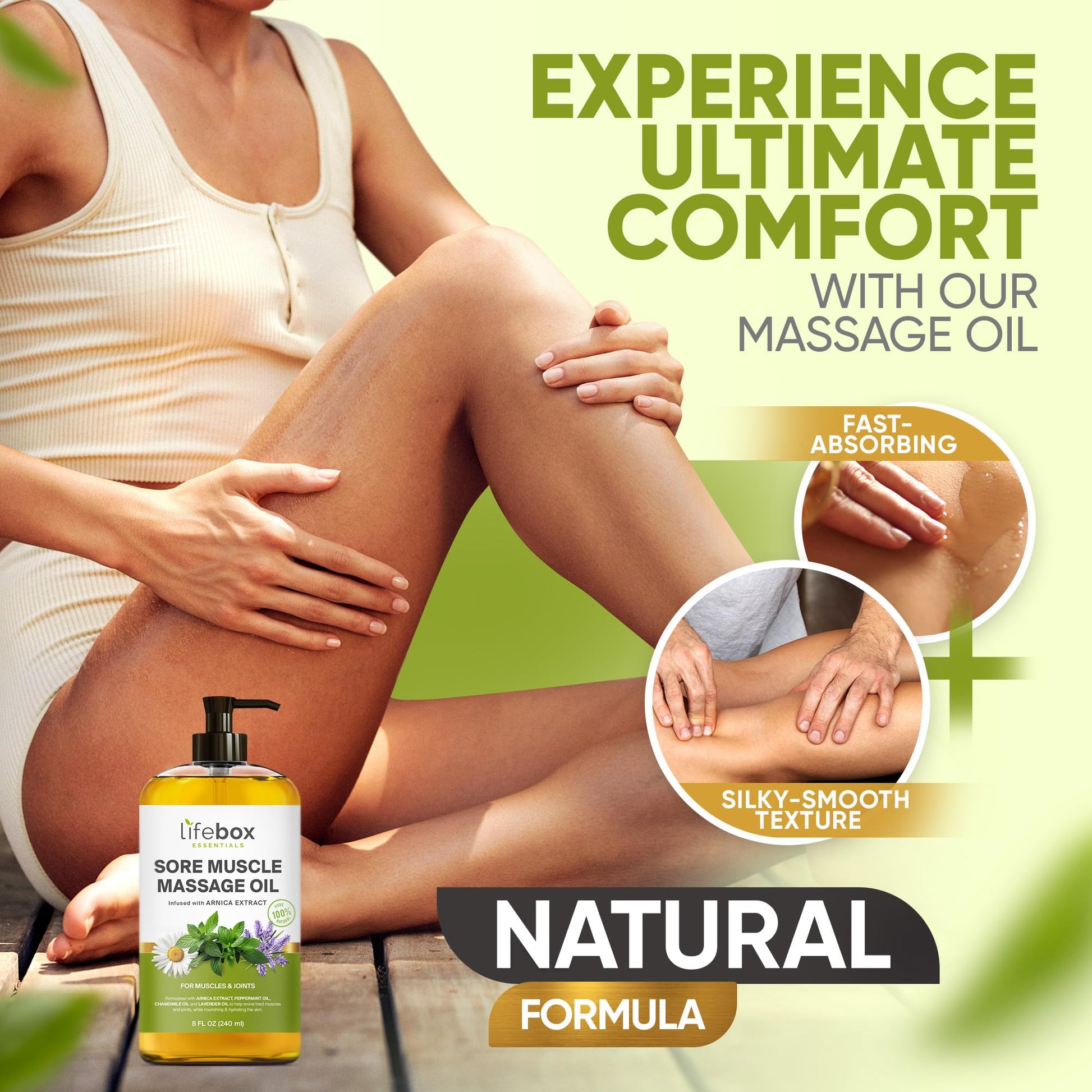 Arnica Sore Muscle Massage Oil – 100% Pure & Natural - Massage Therapy for Muscles & Joints – Body Oil Infused with Arnica Extract, Lavender, Peppermint & Chamomile Oils – 8 FL OZ