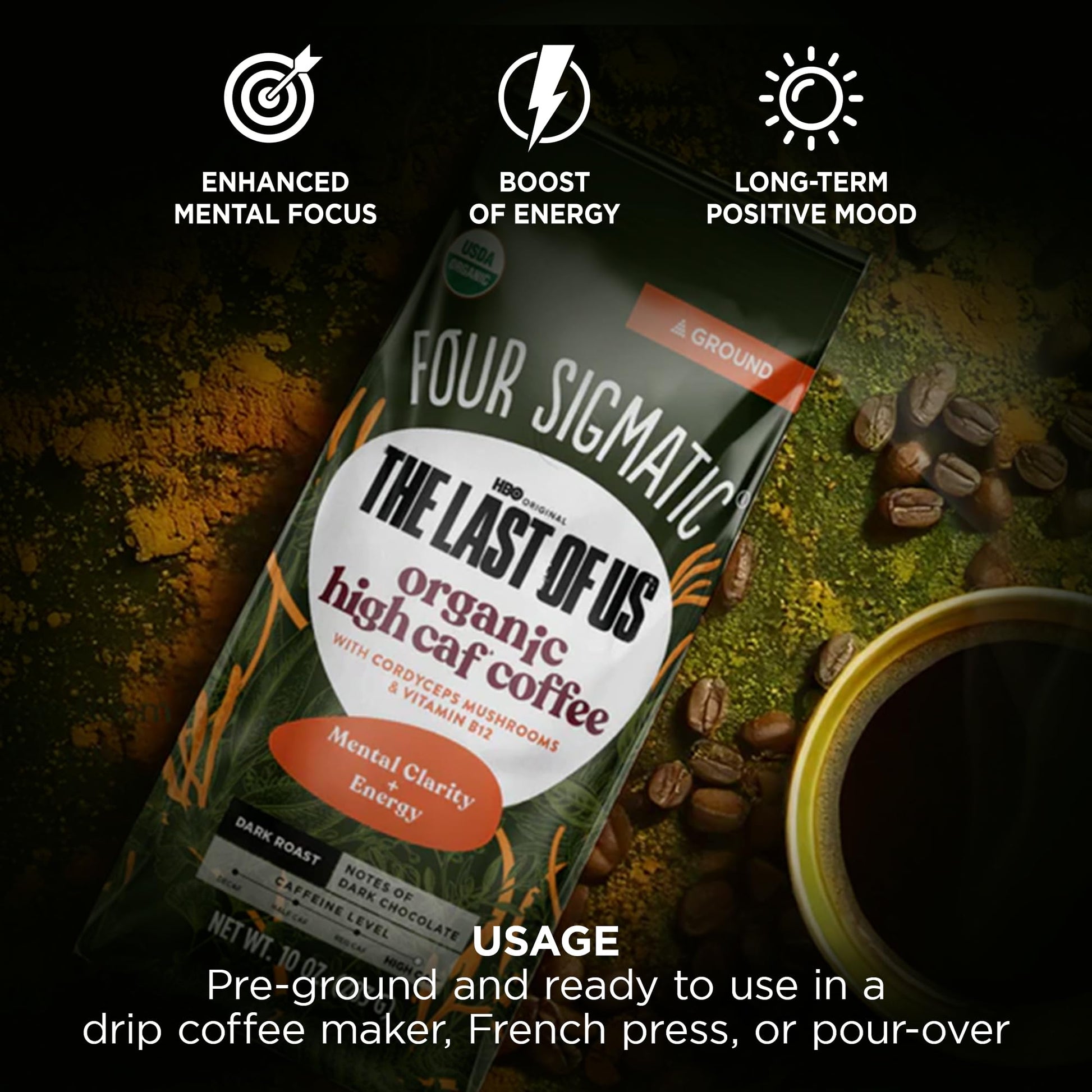 Four Sigmatic Focus Mushroom Coffee | Organic Ground Coffee with Lion's Mane Mushroom and Chaga for Better Focus and Immune Support | 12oz Bag
