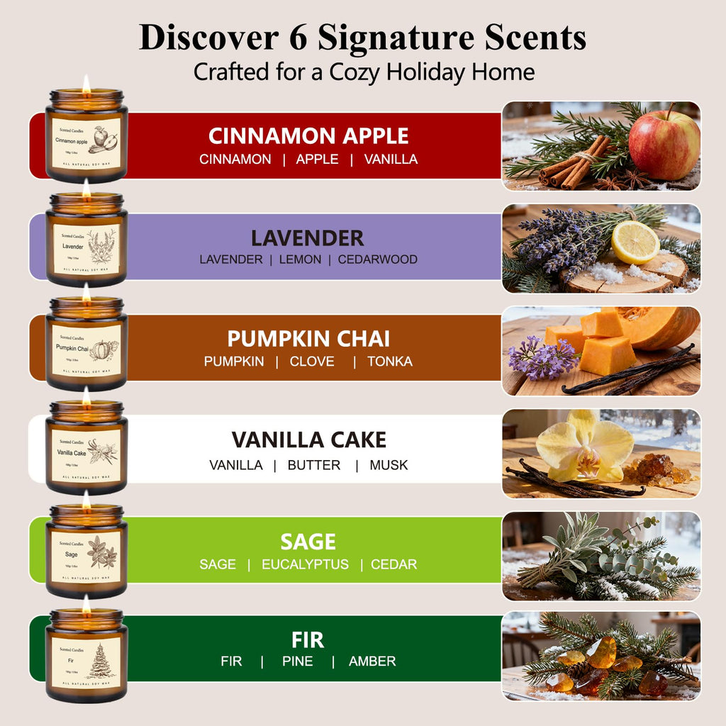 6 Pack Candles for Home Scented,Long Lasting Soy Candles for Home,Holiday Scented Candle Gift Set with Cinnamon Apple,Pumpkin Chai&Vanilla,Natural Aromatherapy Candles,Holiday Gifts for Women