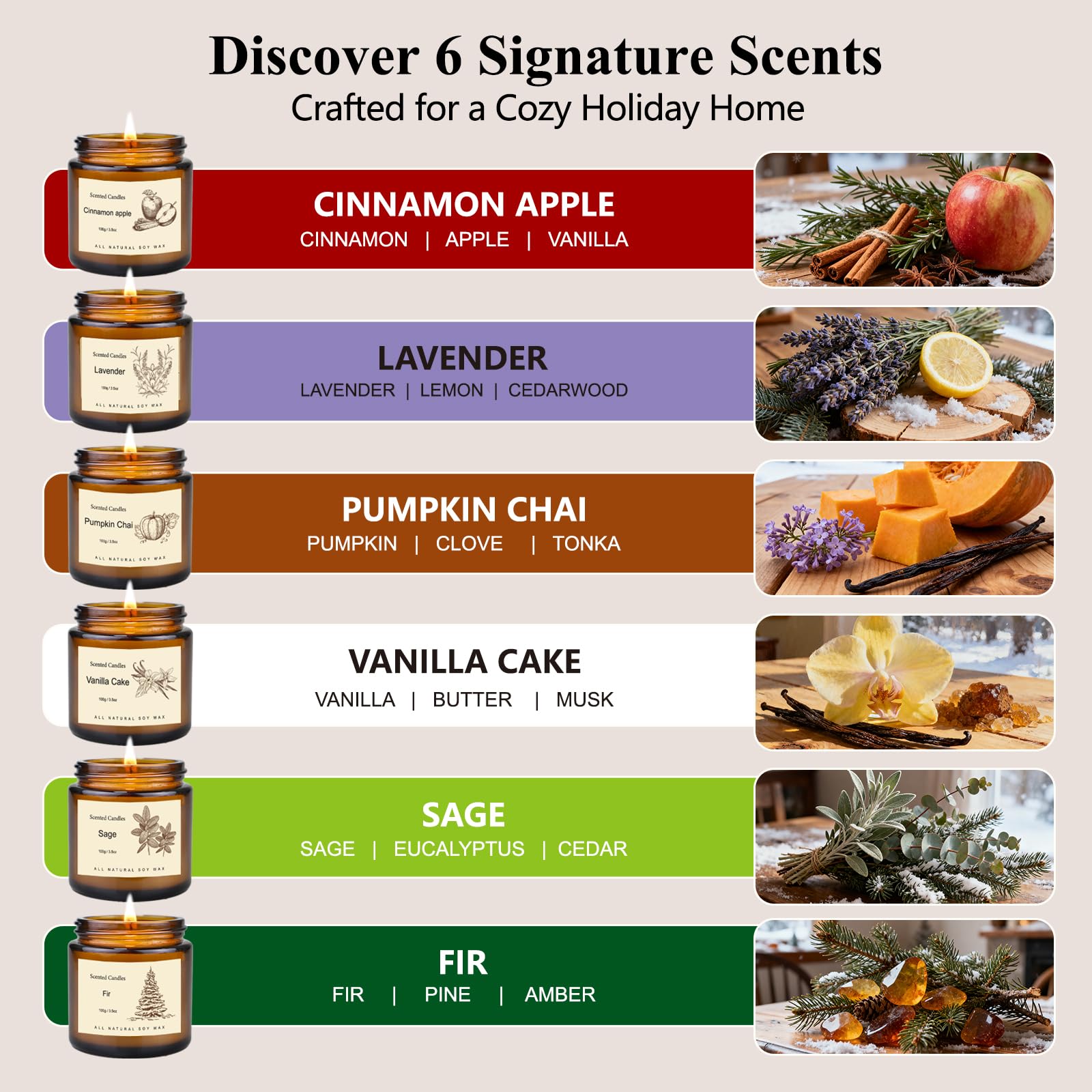 6 Pack Candles for Home Scented,Long Lasting Soy Candles for Home,Holiday Scented Candle Gift Set with Cinnamon Apple,Pumpkin Chai&Vanilla,Natural Aromatherapy Candles,Holiday Gifts for Women