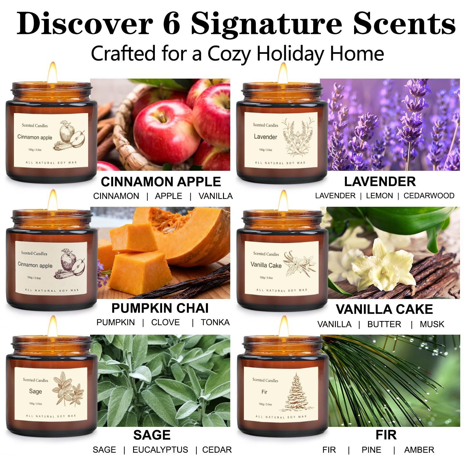 6 Pack Candles for Home Scented,Long Lasting Soy Candles for Home,Holiday Scented Candle Gift Set with Cinnamon Apple,Pumpkin Chai&Vanilla,Natural Aromatherapy Candles,Holiday Gifts for Women