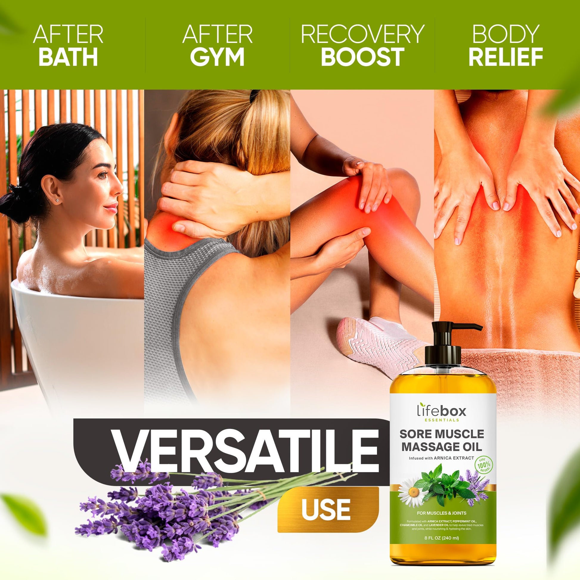 Arnica Sore Muscle Massage Oil – 100% Pure & Natural - Massage Therapy for Muscles & Joints – Body Oil Infused with Arnica Extract, Lavender, Peppermint & Chamomile Oils – 8 FL OZ