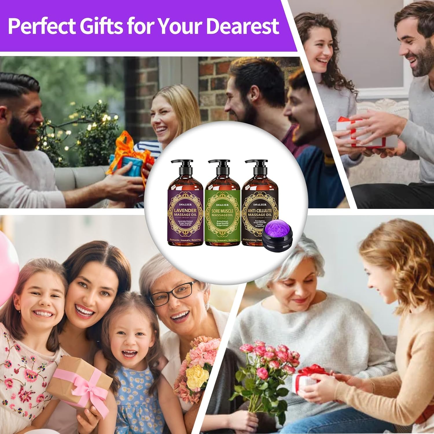 Valentines Day Gifts for Women Men,Massage Oil for Massage Therapy,3 Pack Cellulite,Sore Muscle & Lavender Massage Body Oil & Ginger Oil Lymphatic Drainage with Massage Ball,Galentines Gifts