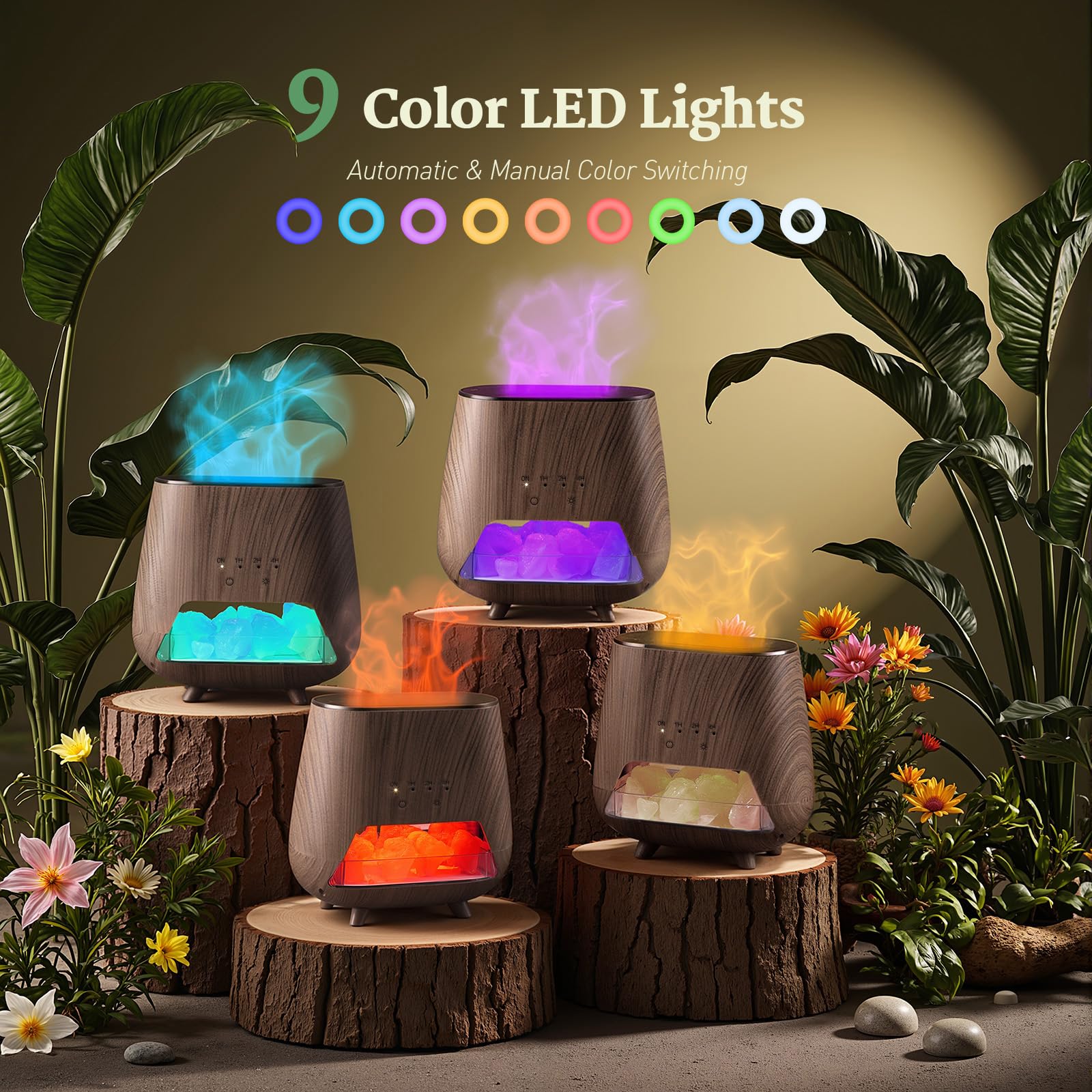 Essential Oil Diffuser for Home: 200ml Aromatherapy Diffuser with Himalayan Pink Salt Rock, Cool Mist Humidifier with Auto Off Function and 9 Colors LED Night Light for Bedroom