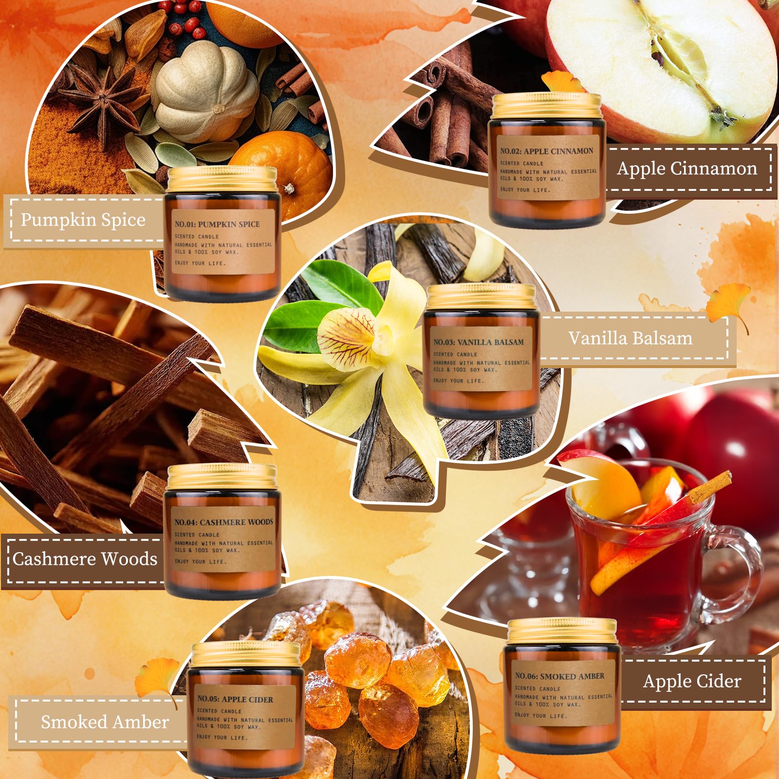 6 Pack Candles for Home Scented Aromatherapy Candle Gift Set for Women Soy Wax Long Lasting Amber Jar Candles Gift for Birthday Mother's Thanksgiving Day Present